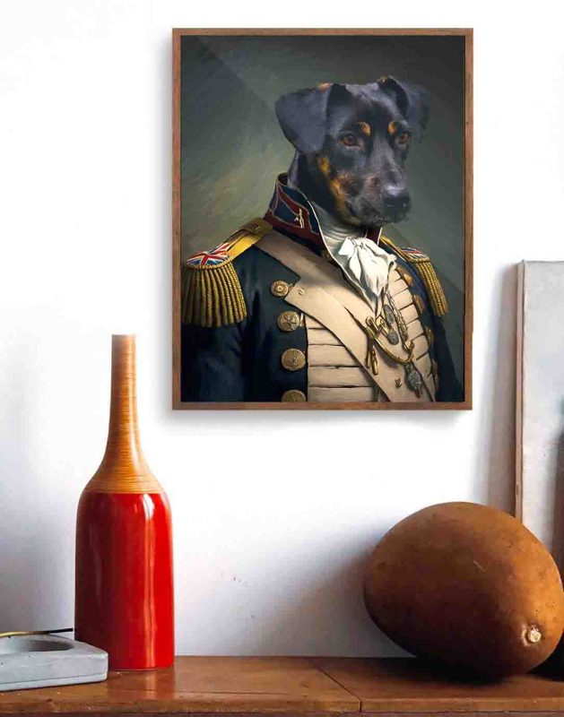 Regal pet portrait - Military Pride style - oil painting wooden frame
